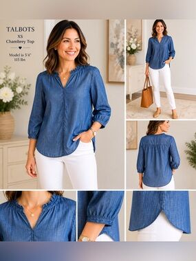 Talbots XS Chambray Ruffle Neck Blouse Soft Denim Blue 3/4 Sleeve